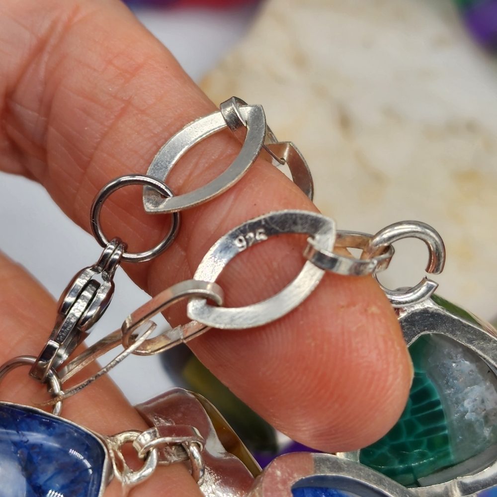 Vintage Jewelry Sterling Silver 925 Necklace Genuine Agate Stones Heart - Picture 7 of 15